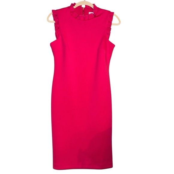 NWT CALVIN KLEIN Scuba Sleeveless Ruffle Collar Sheath Dress Hibiscus Pink Sz 4 - Picture 1 of 15